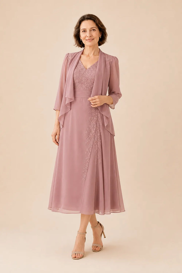 Inge | V-Hals Chiffon Midijurk met Kantdetail