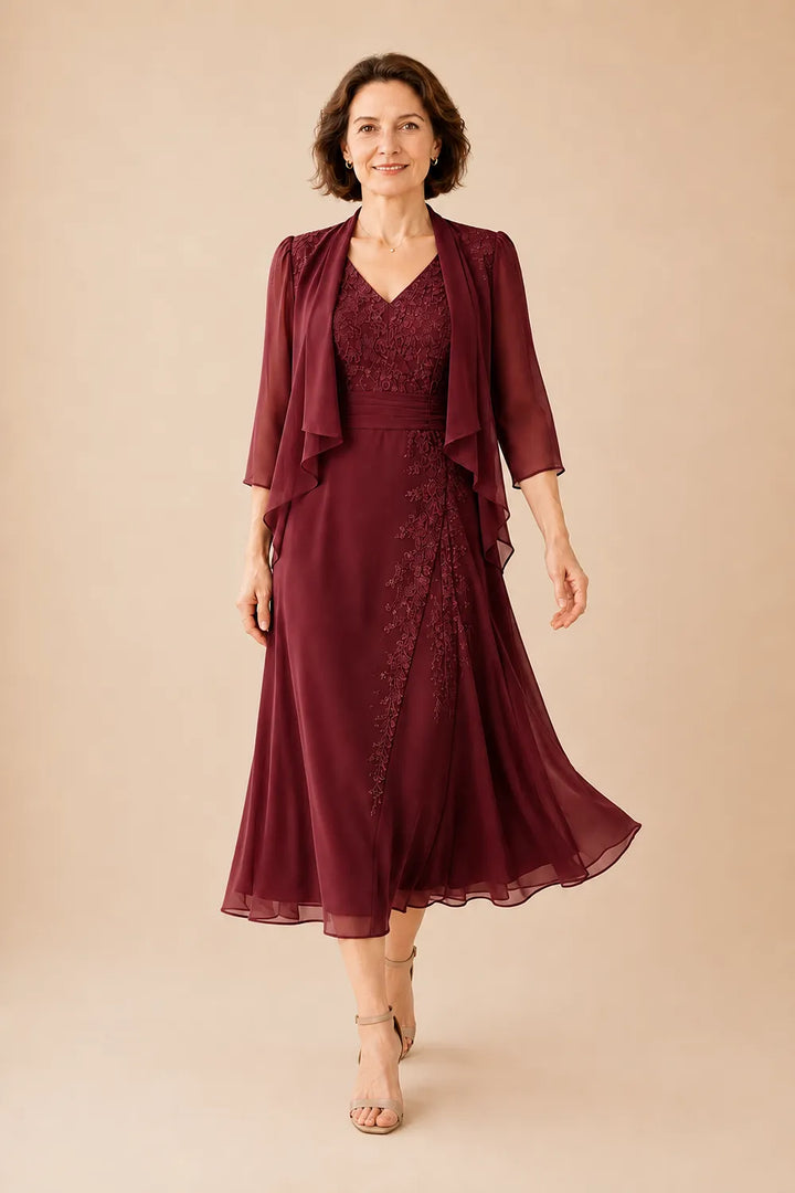 Inge | V-Hals Chiffon Midijurk met Kantdetail