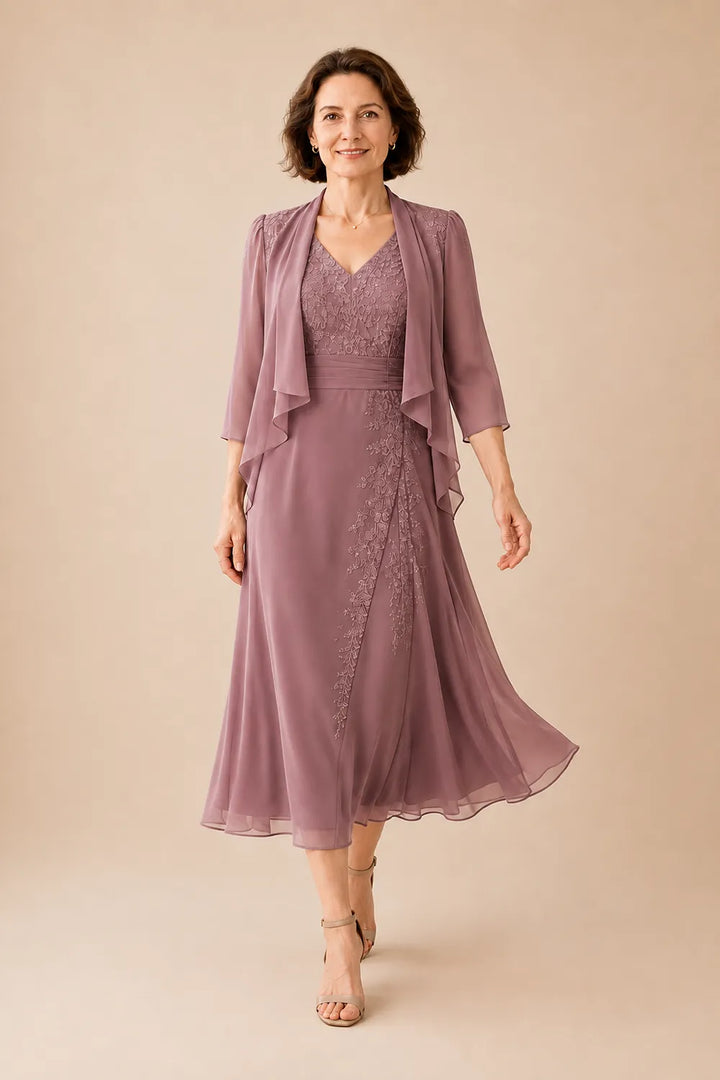 Inge | V-Hals Chiffon Midijurk met Kantdetail
