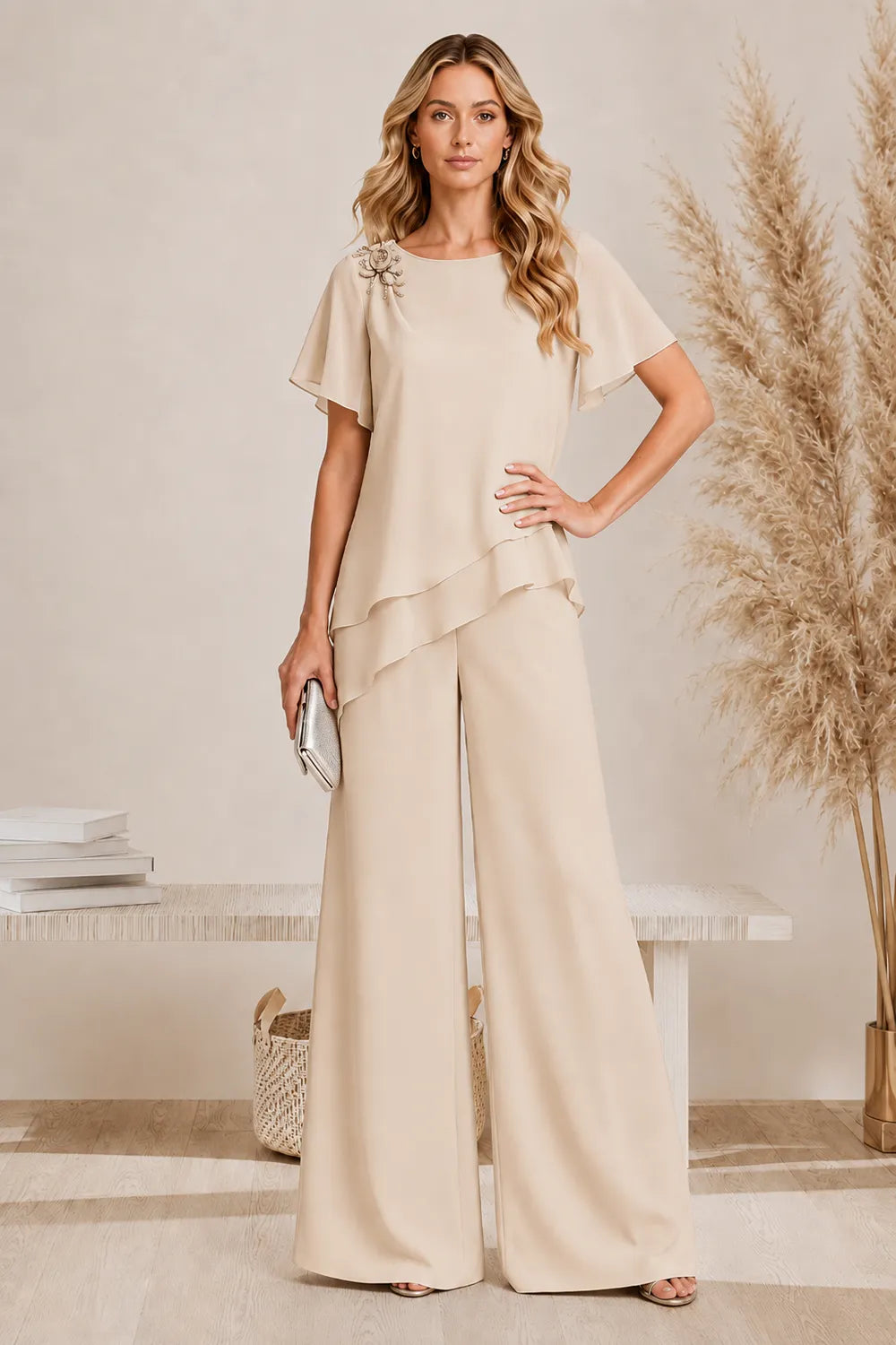 Annelies | Elegante Gelaagde Broekset met Wijde Pijpen