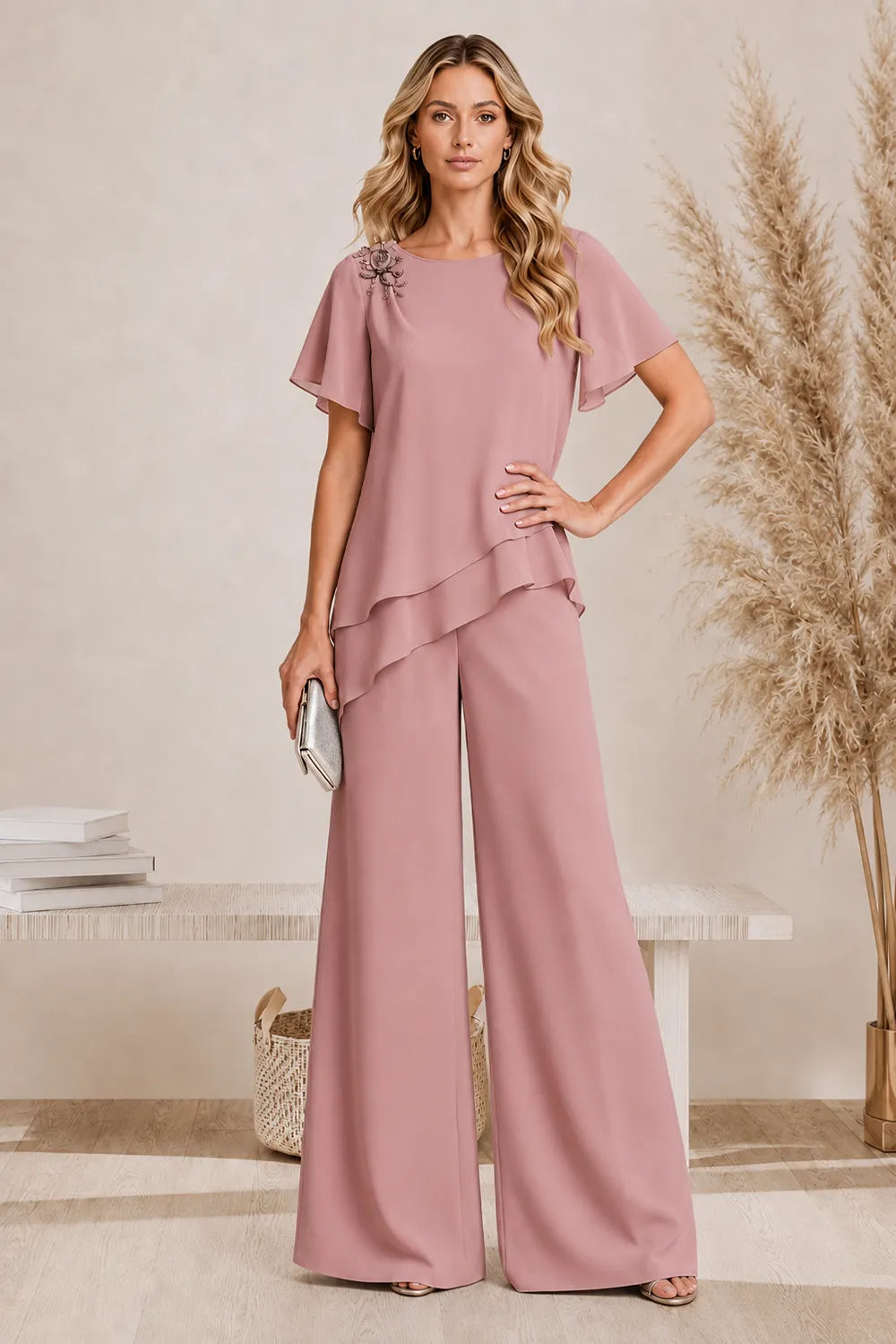Annelies | Elegante Gelaagde Broekset met Wijde Pijpen