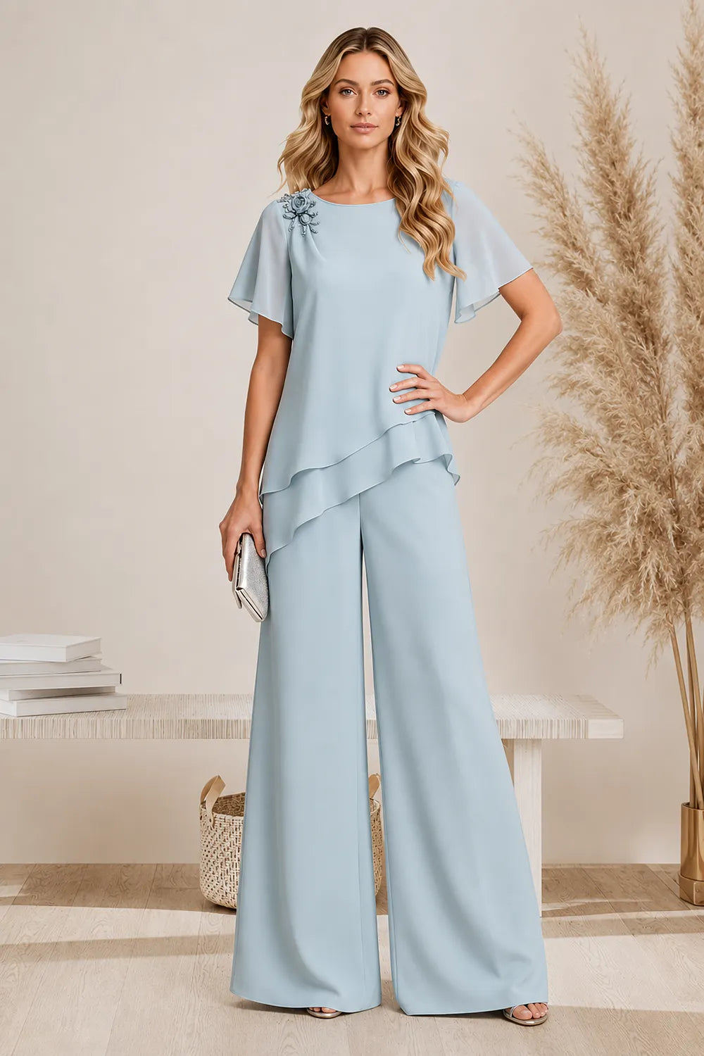 Annelies | Elegante Gelaagde Broekset met Wijde Pijpen