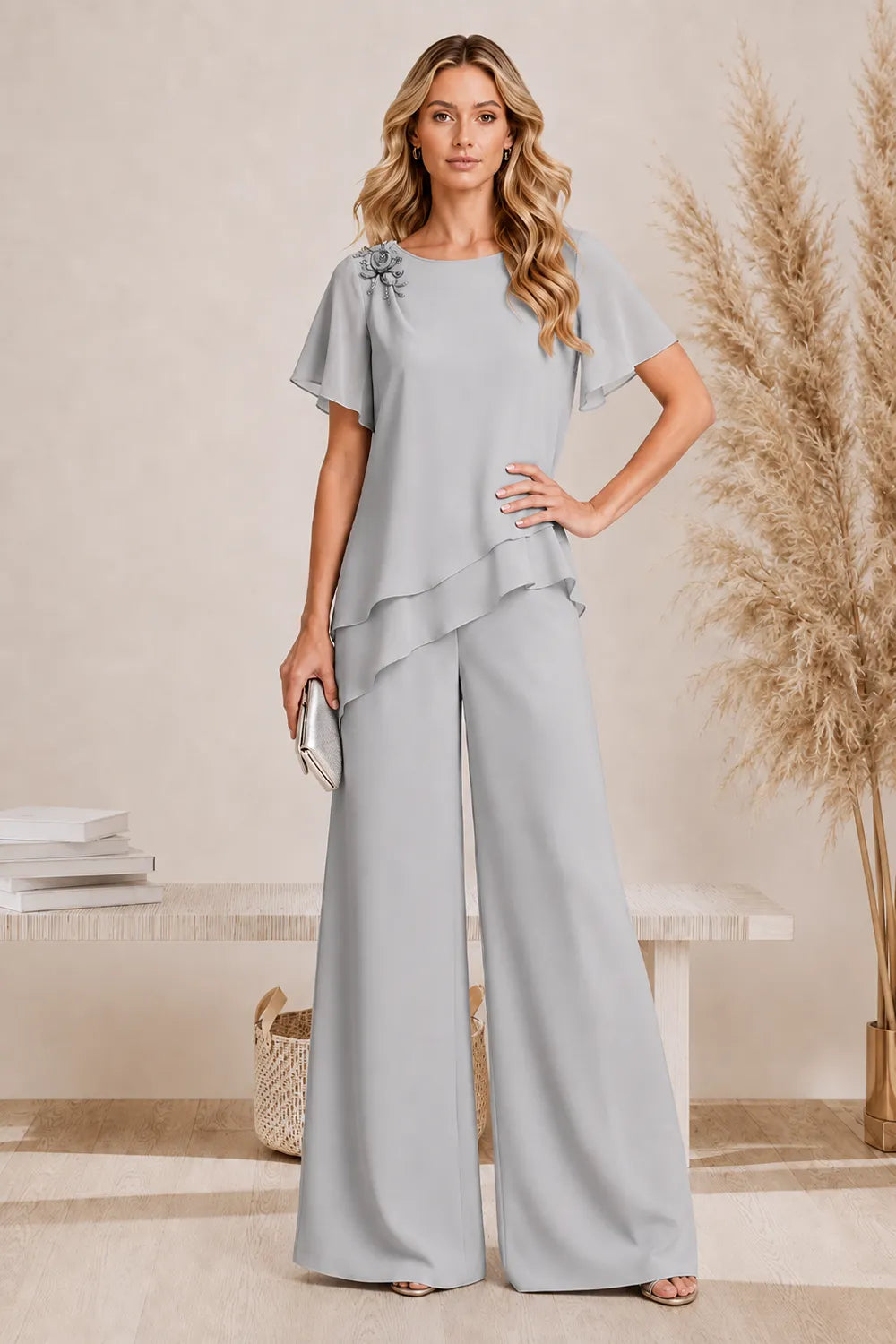 Annelies | Elegante Gelaagde Broekset met Wijde Pijpen