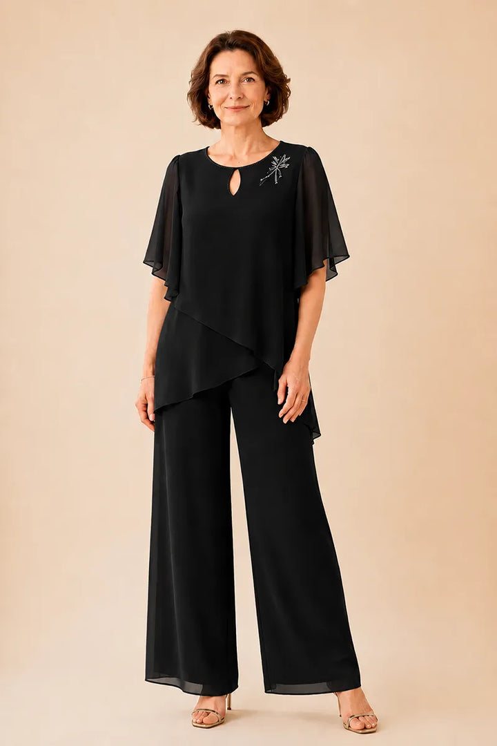 Ria | Chiffon Broekset met Sleutelgathals
