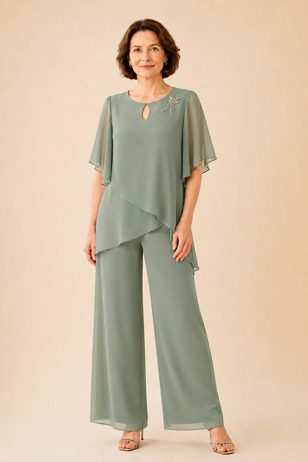 Ria | Chiffon Broekset met Sleutelgathals