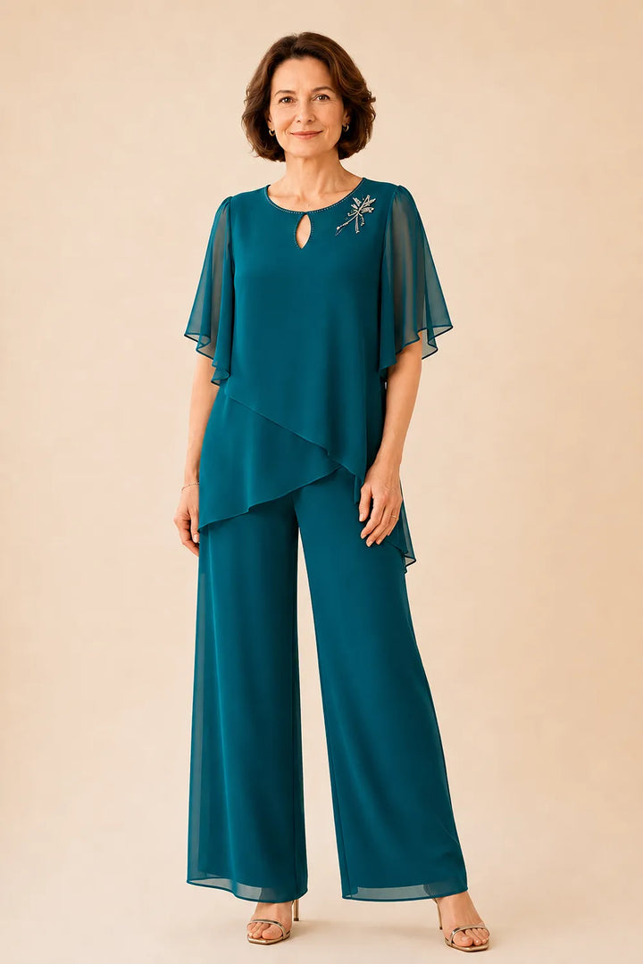 Ria | Chiffon Broekset met Sleutelgathals