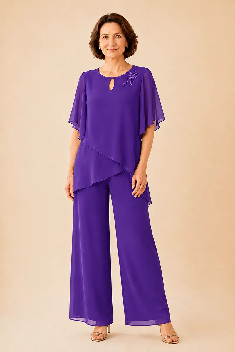 Ria | Chiffon Broekset met Sleutelgathals