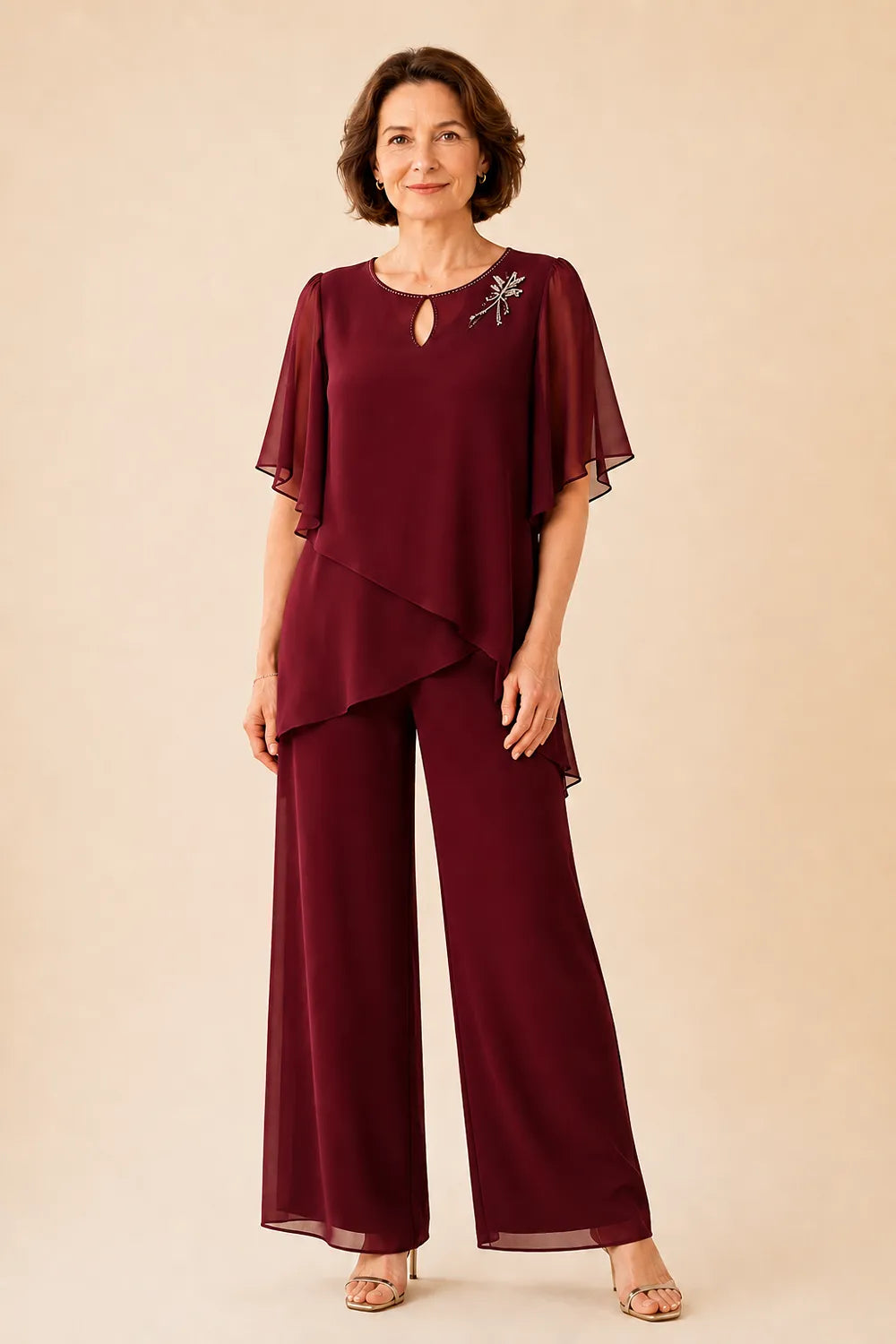 Ria | Chiffon Broekset met Sleutelgathals