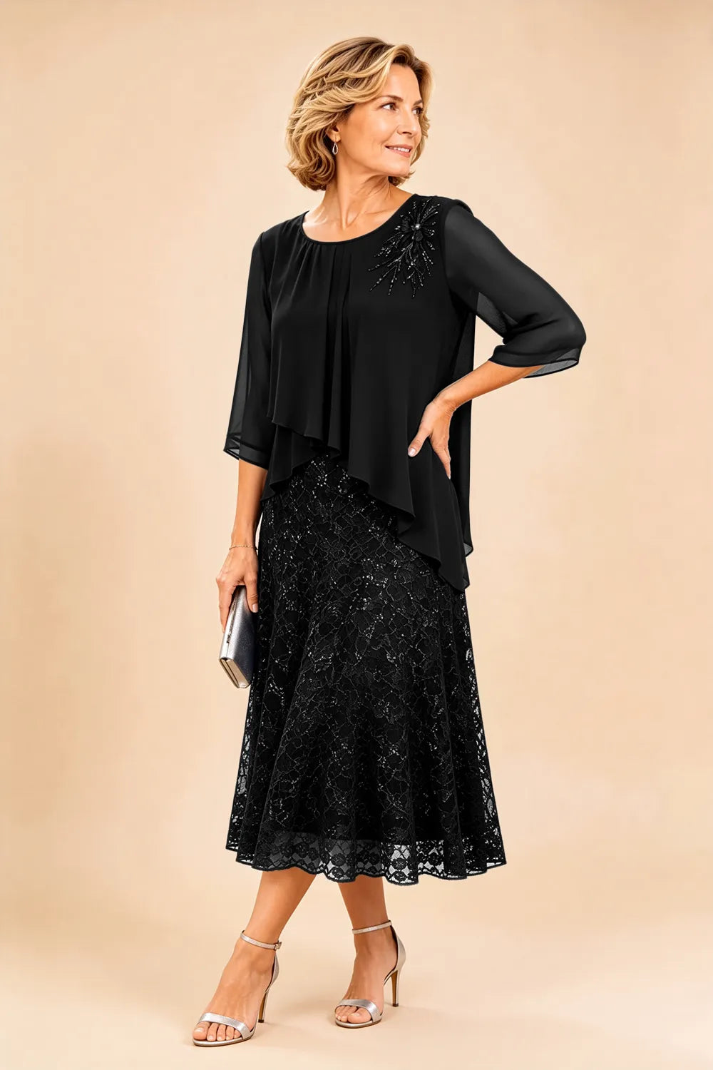 Ingrid | Chiffon Jurk met Kanten Overlay