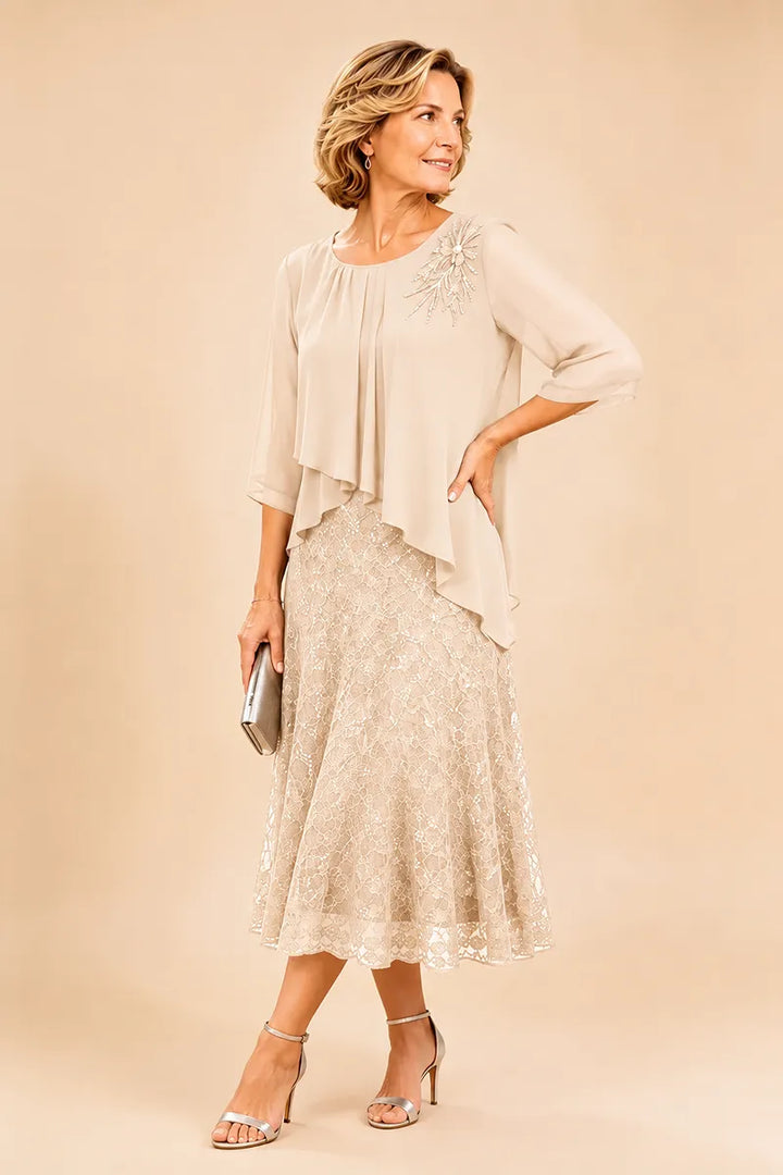 Ingrid | Chiffon Jurk met Kanten Overlay