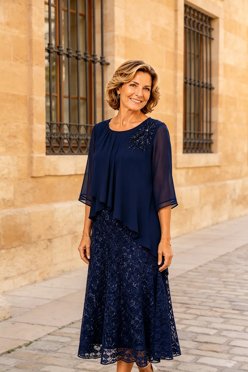 Ingrid | Chiffon Jurk met Kanten Overlay