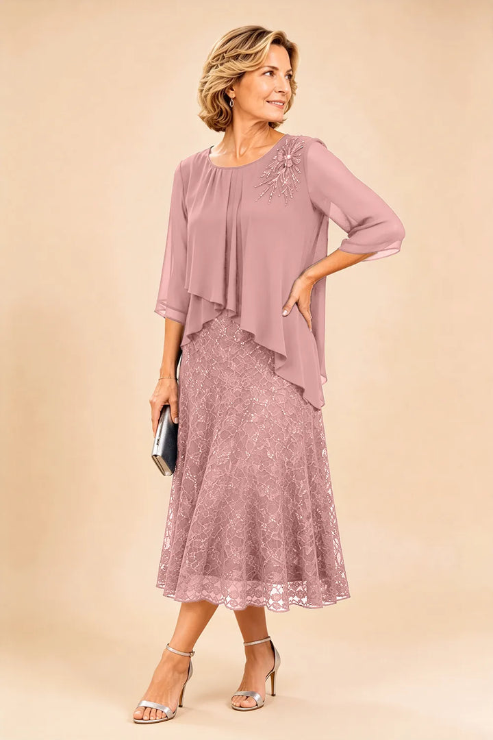 Ingrid | Chiffon Jurk met Kanten Overlay