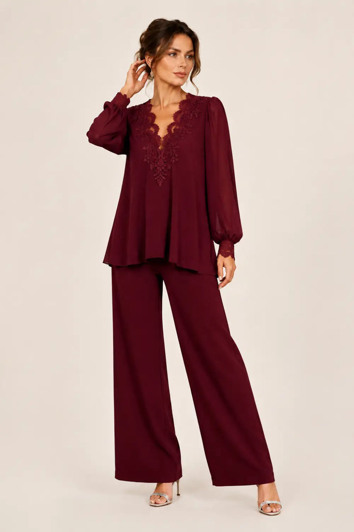 Lotte | V-Hals Chiffon Broekpak met Wijde Pijpen