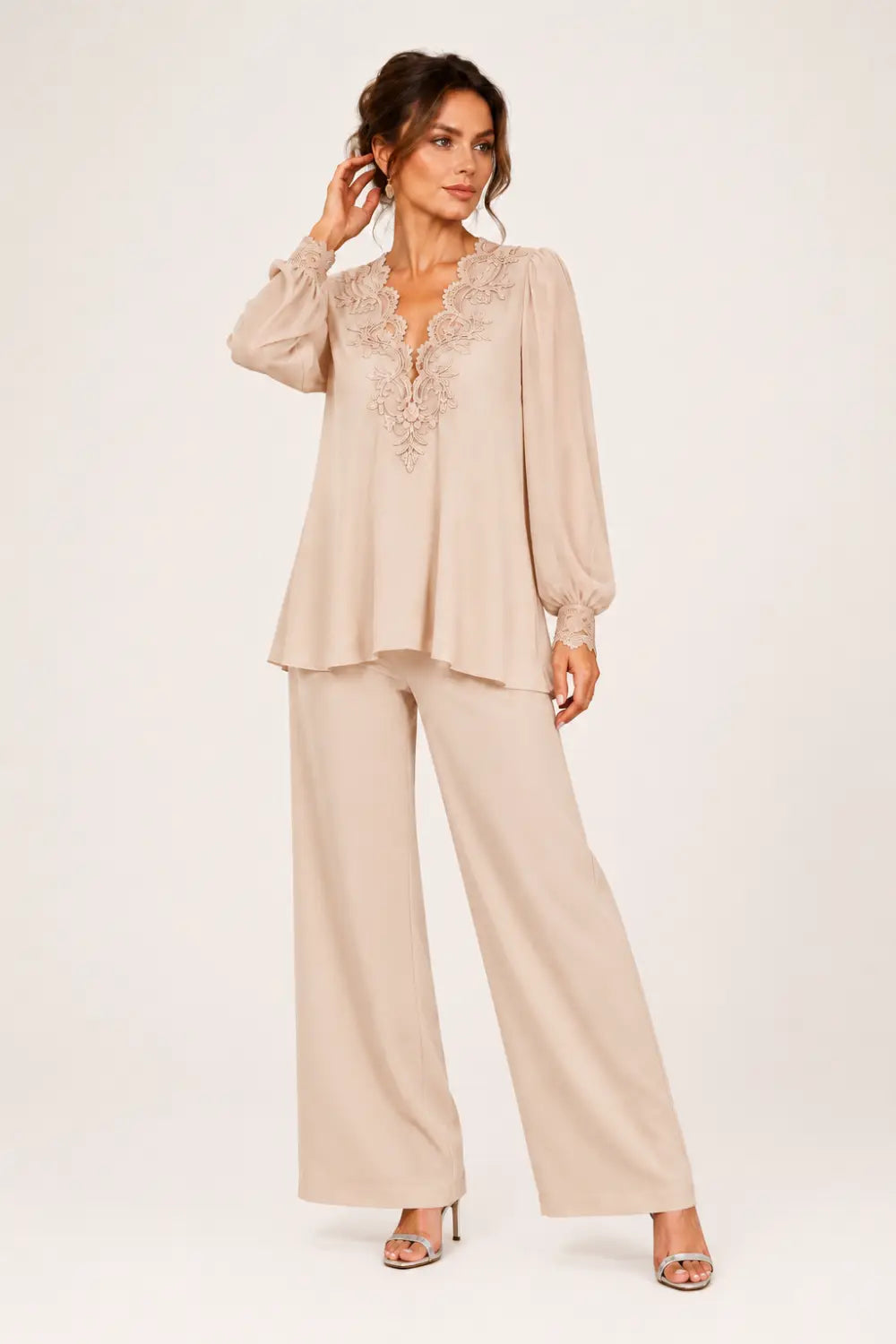 Lotte | V-Hals Chiffon Broekpak met Wijde Pijpen