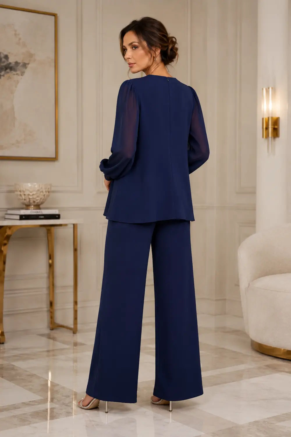 Lotte | V-Hals Chiffon Broekpak met Wijde Pijpen