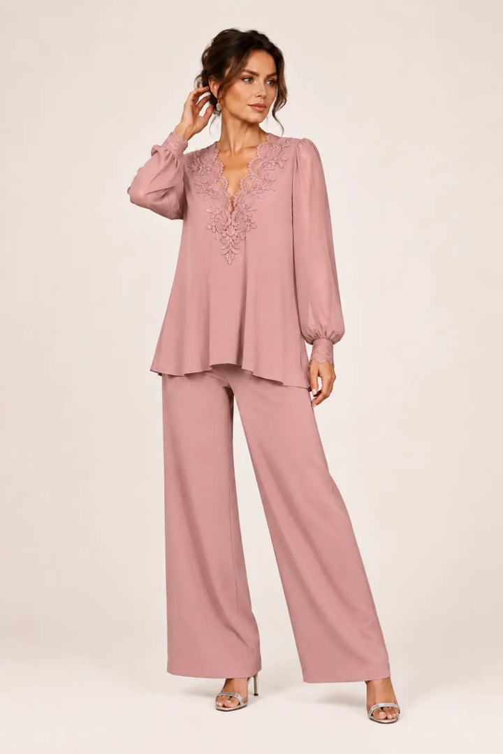 Lotte | V-Hals Chiffon Broekpak met Wijde Pijpen