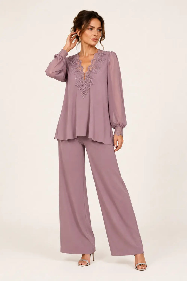 Lotte | V-Hals Chiffon Broekpak met Wijde Pijpen