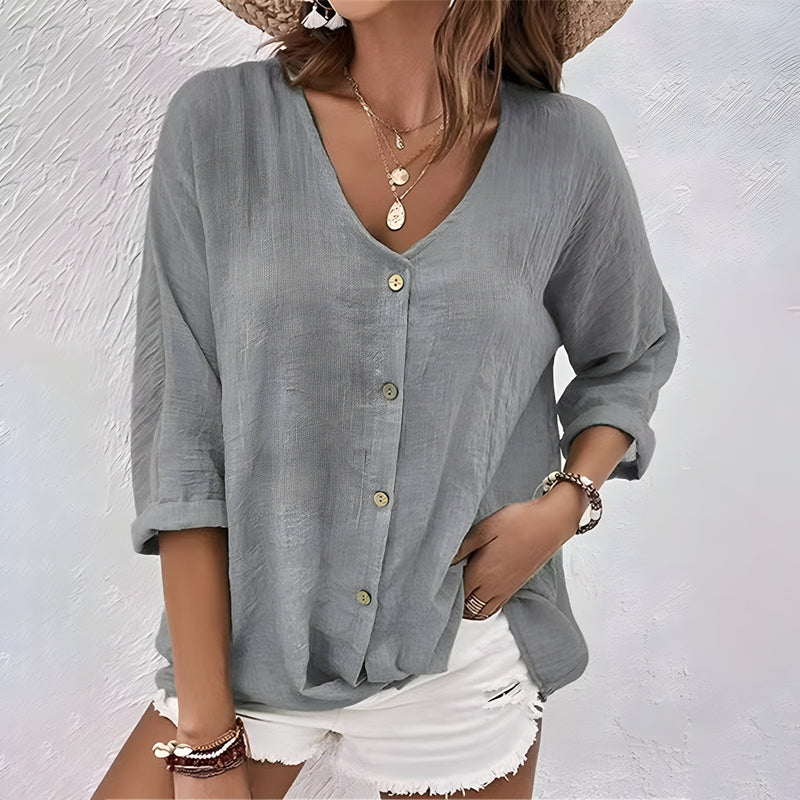 Macy | Relaxed Button-Up V-Neck Summer Blouse